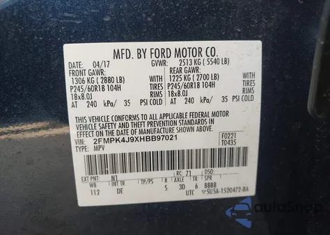 2017 Ford Edge Sel z USA, uszkodzony, nr VIN 2FMPK4J9XHBB97021